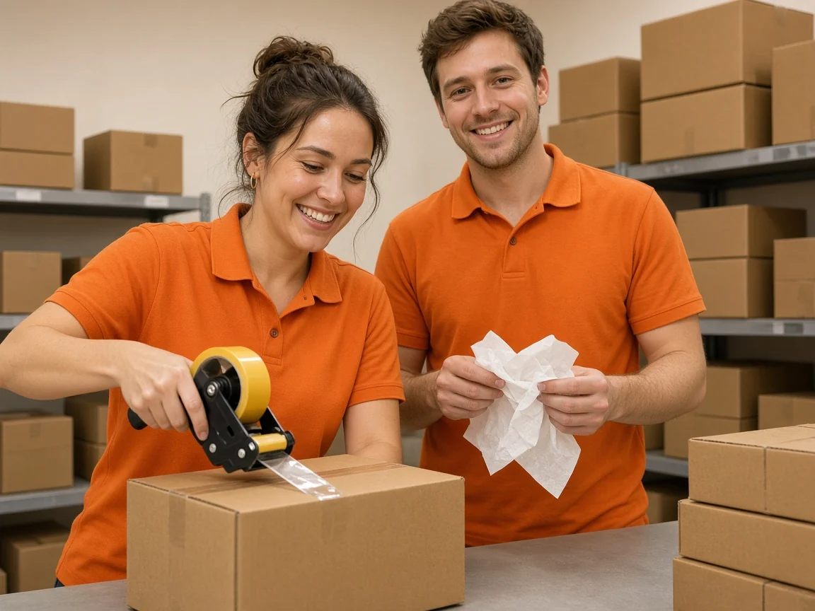 A woman and a man in orange polos sealing a carton